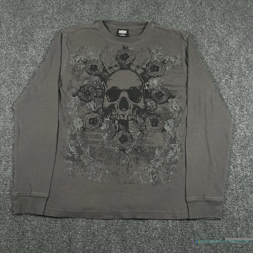 Vintage MMA Elite Waffle Knit Thermal Long Sleeve Shirt L Gray Y2K Skeleton